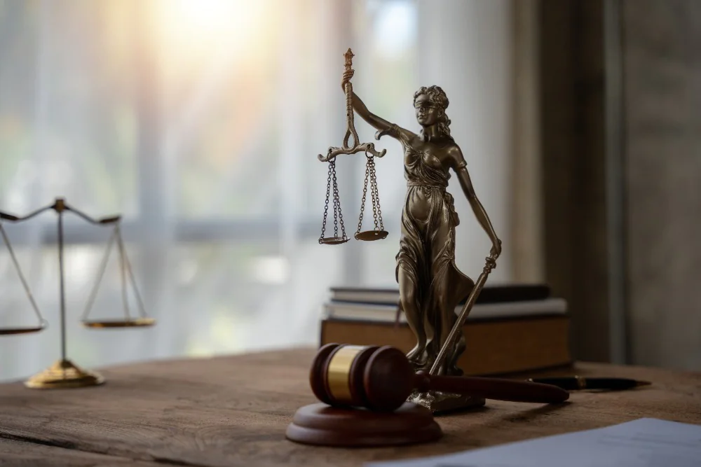 Scales of justice, a gavel, and a statue of Lady Justice on a wooden desk, representing Ramos Law Group’s Oklahoma City family law practice