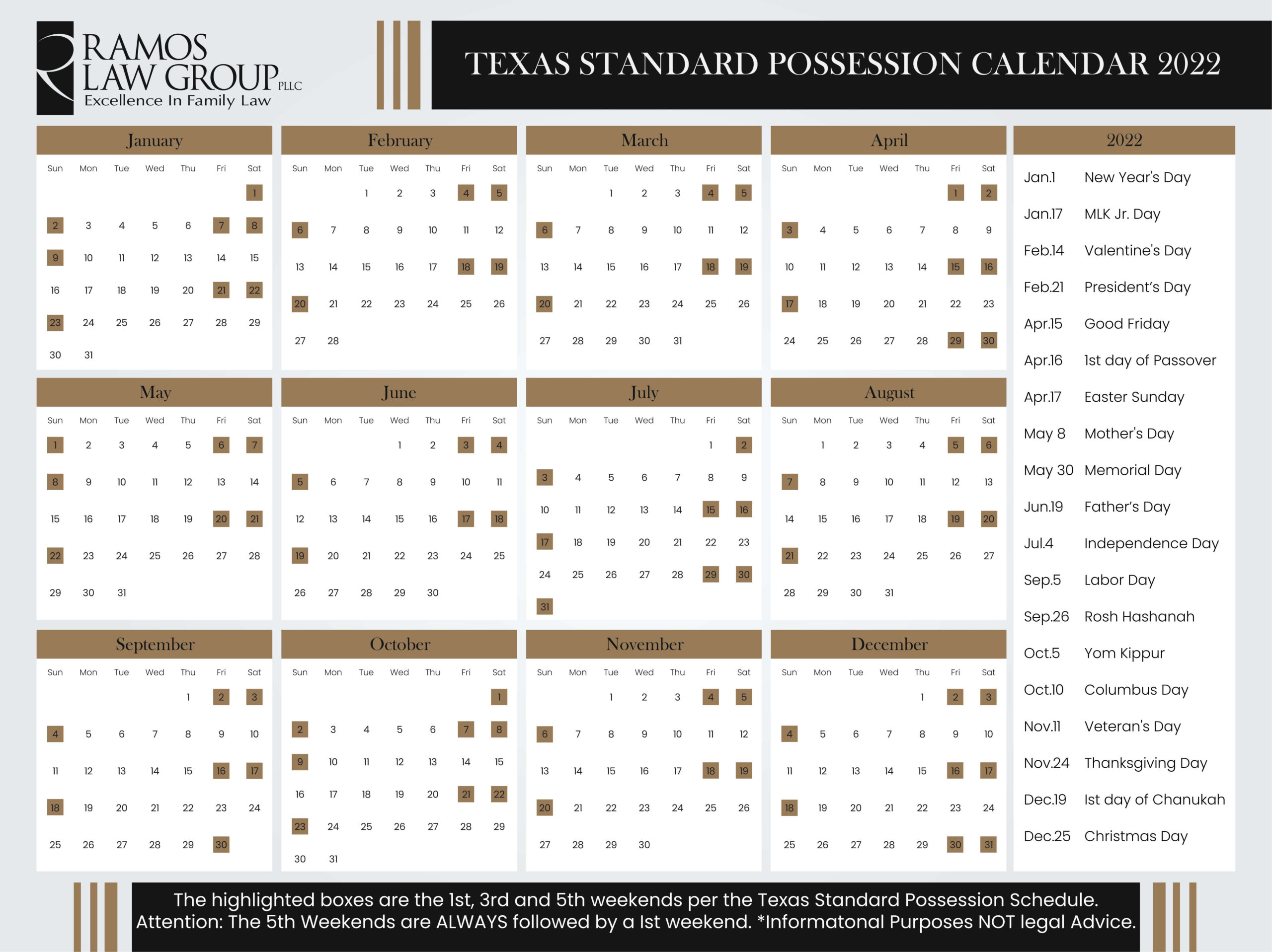 Texas Standard Possession Calendar - 2022
